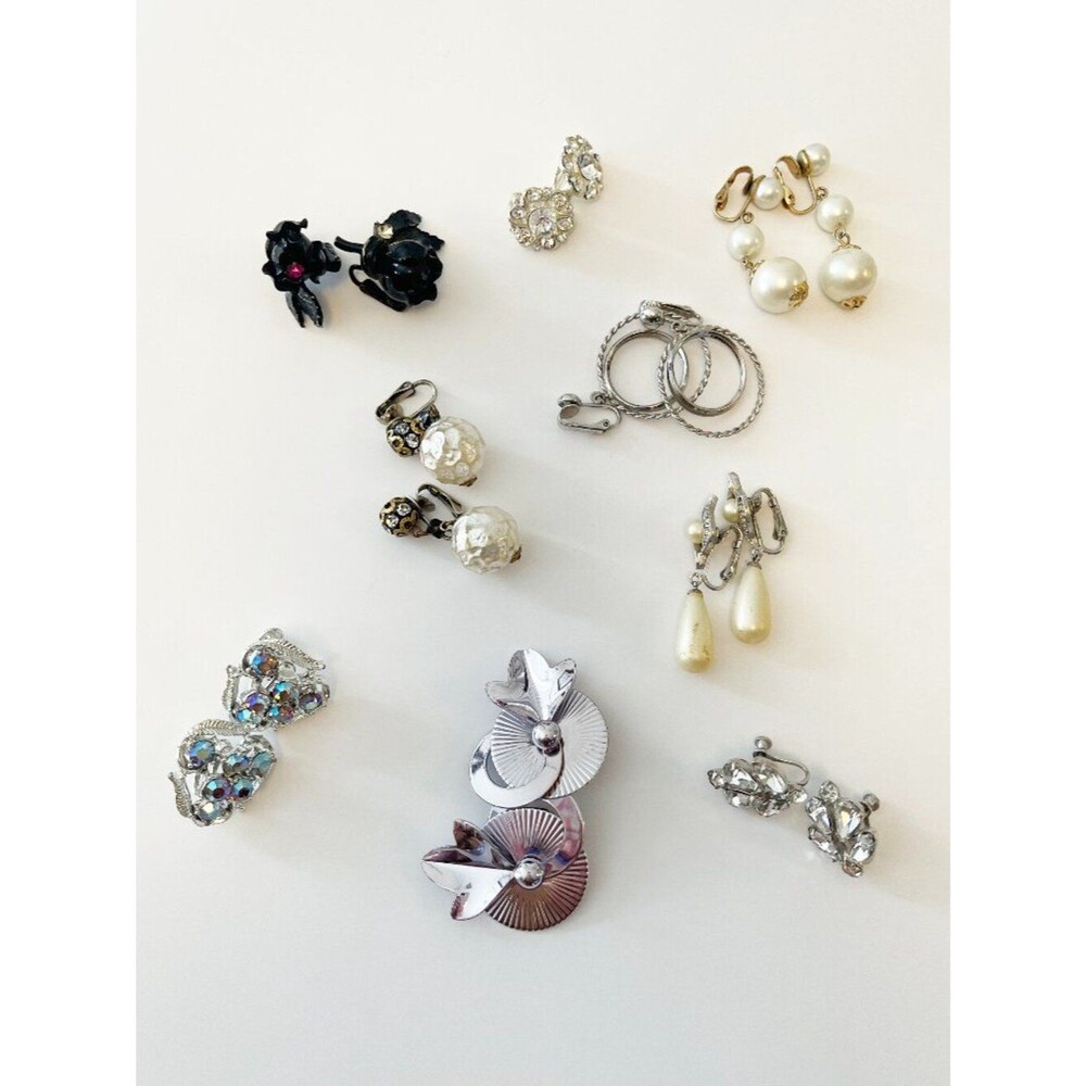 Vintage Clip-On Earrings Lot Mixed Styles Pearl Rhinestone Silver Retro 9 pair